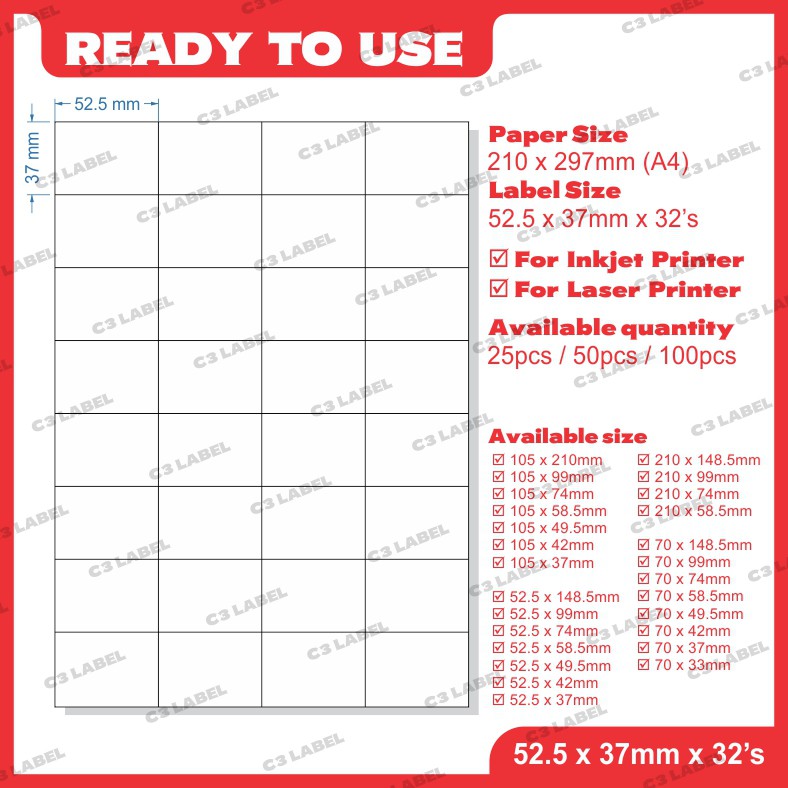A4 Size Pre Cut Blank Sticker / A4 - สติ๊กเกอร์สีขาว (52.5 x 37 x 32s)
