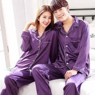 🍁3830🍁ชุดนอนผ้าซาตินแขนยาว+กางเกงขายาว สีพื้น ไซส์ M-2XL ใส่ได้ทั้งชายและหญิง