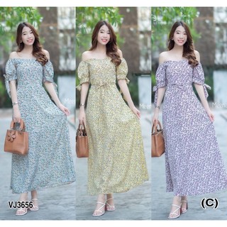 Maxi Dress เดรสยาว เปิดไหล่ดีเทลผูกโบว์ที่แขน มีโบว์เส้นเล็กผูกเอว มีซิปซ่อนหลัง