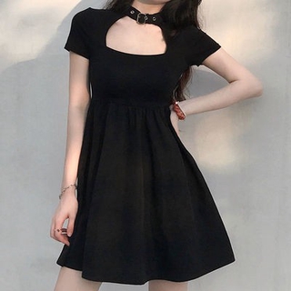 🌸JOJO🌸 Hollow sexy halter neck dress black high waist female European and American retro slim waist slim A-line skirt