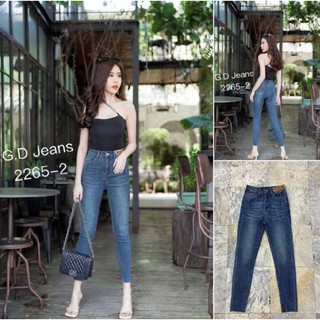 G.D.Jeans รุ่น 2265-2#กางเกงยีนส์ขายาวผ้ายืดฮ่องกงสีเข้มทรงเดฟแต่งป้ายหนังข้างขอบเอวตามเทรน