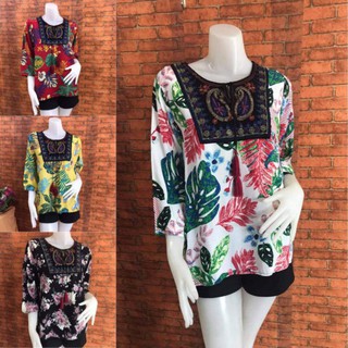 🌸 เสื้อผ้าสปันลายดอก แขน 3 ส่วน ผ้านุ่มใส่สบาย