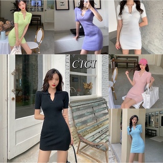 Cici(พร้อมส่ง)เดรสคอวีผ้าร่องไหมพรม ยืดได้เยอะ แต่งด้วยปกเหมือนเสื้อโปโล(3008-1)