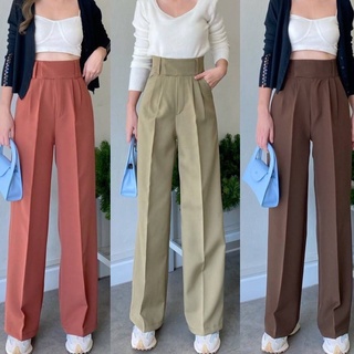 กางเกงขากระบอกใหญ่ พรางสะโพก S-XL เอวสูง ขอบใหญ่ยื่น ซิบหน้า 2จีบปล่อย มีกระเป๋าข้าง แฟชั่นวินเทจ