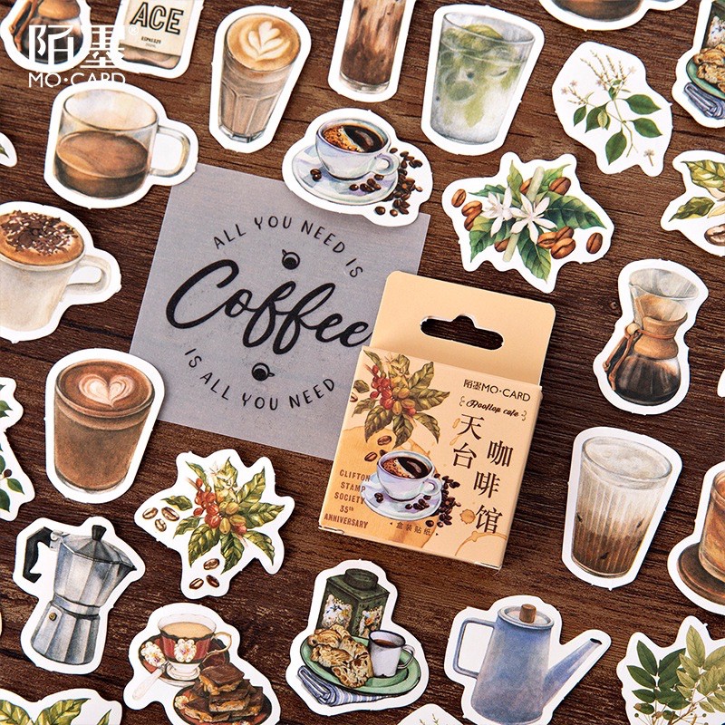 <พร้อมส่ง> สติ๊กเกอร์ แบบกล่อง 🧃 เครื่องดื่ม 🍹 46ชิ้น ชา กาแฟ Coffee Tea Beverage เทปวานิช