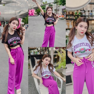 เซทรูดข้าง ชุดเซ็ตขายาวเสื้อครอปรูดข้าง เซ็ตสกรีนWHISTLER เซ็ตผูกข้าง