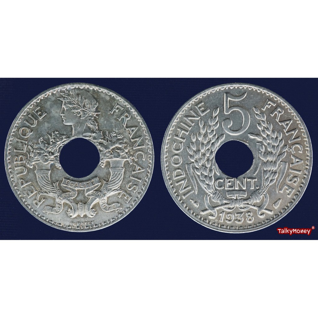 เหรียญรู สหภาพอินโดจีน อาณานิคมฝรั่งเศส Indochina ออกใช้ปี 1938 - 1939 ชนิด 5 เซนต์ หายาก สภาพใหม่เอี่ยม