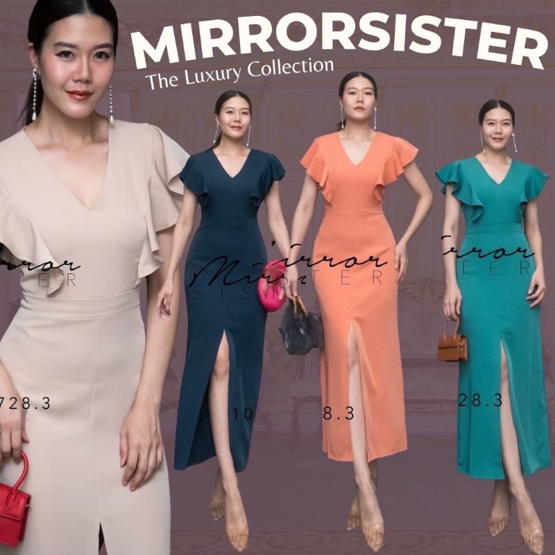 ป้าย MiRRoRSiSTER 10728.3 เดรสทรงสวย ใส่ออกงานเก๋ดูดี ช่วงบนคอวี ช่วงแขนแต่งระบาย2ข้าง
