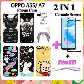 2 IN 1 เคสโทรศัพท์ OPPO A5S A7 พร้อมกระจกนิรภัยกันรอยหน้าจอ เซรามิค ฟิล์มโค้ง ฟิล์มนิรภัย การ์ตูน