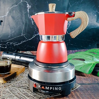 (Kamping) เตาไฟฟ้า และ หม้อต้มกาแฟ  สีแดง 150 ml. moka pot สไตล์อิตาลี หม้ออลูมิเนียม แปดเหลี่ยม เครื่องชงกาแฟ หม้อกาแฟ