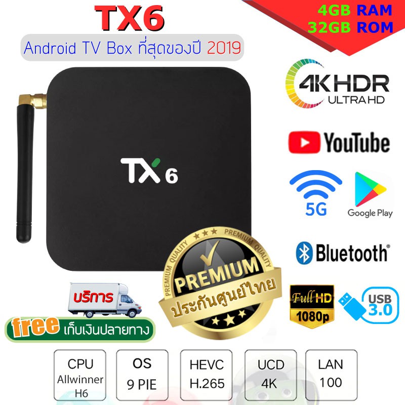 Android TV Box TX6 แรงที่สุดของปี 2019 แรม 4 รอม 32 แอนดรอย 9 ไวไฟ 2.4/5.8Ghz+Bluetooth  ( มีใบอนุญาติ )