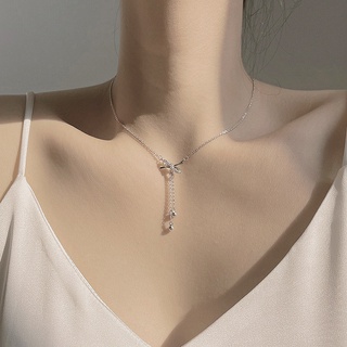 สร้อยคอ Fashion Crystal Bow Pendant Necklace Charm Tassel Silver Chain Necklaces for Women Jewelry Beautiful Gifts