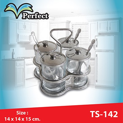 Perfect พวงเครื่องปรุงสแตนเลส+แก้วอย่างดี(TS-142) Size.14x14x15cm.