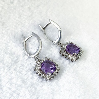 L6423 ต่างหูพลอยอเมทิสต์แท้ ( Amethyst ) แบบอิงลิชล็อค ตัวเรือนเงินแท้ 925 ชุบทองคำขาว