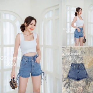 G.D.Jeans รุ่น 5658#กางเกงยีนส์แฟชั่นขาสั้นผ้ายืดสียีนส์ฟ้าเอวสูงแต่งเชือกรูดข้างแบบเก๋ๆ