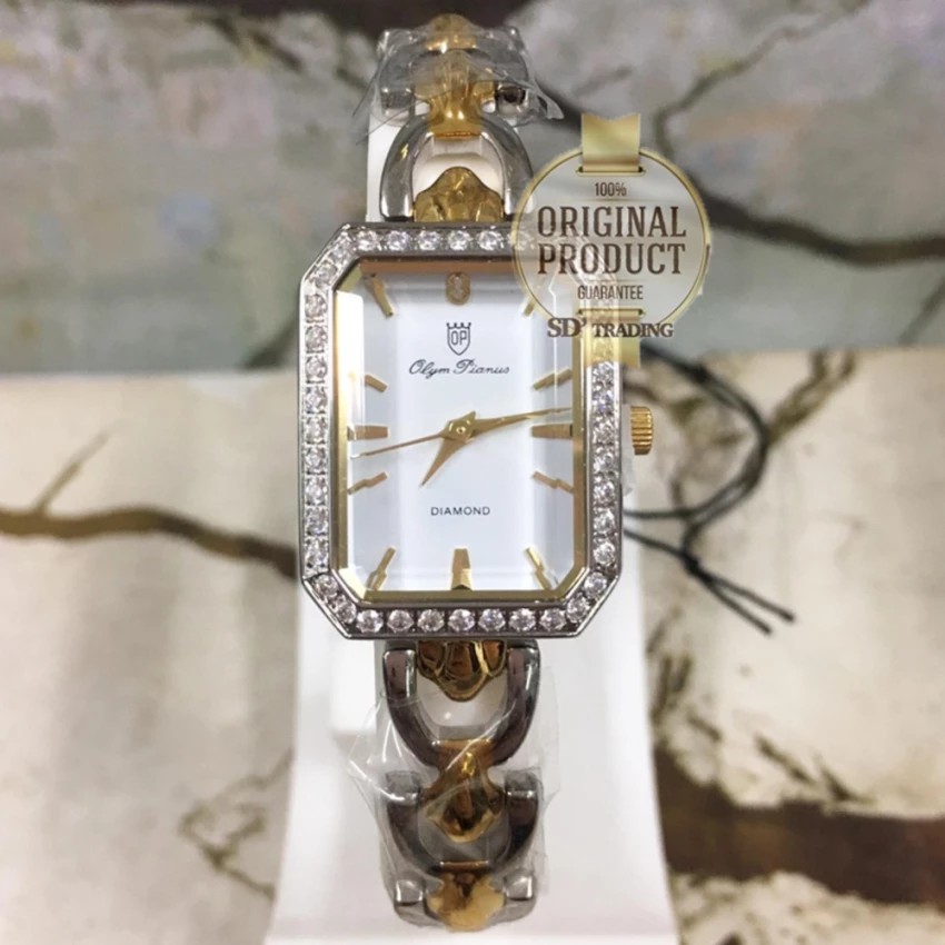 OP (Olym Pianus) นาฬิกาข้อมือผู้หญิงทรงเหลี่ยมพลอยรอบ ซัฟฟราย สายสแตนเลส 2กษัตริย์ รุ่น 2462L-601 2W (ทอง/เงิน/ขาว)