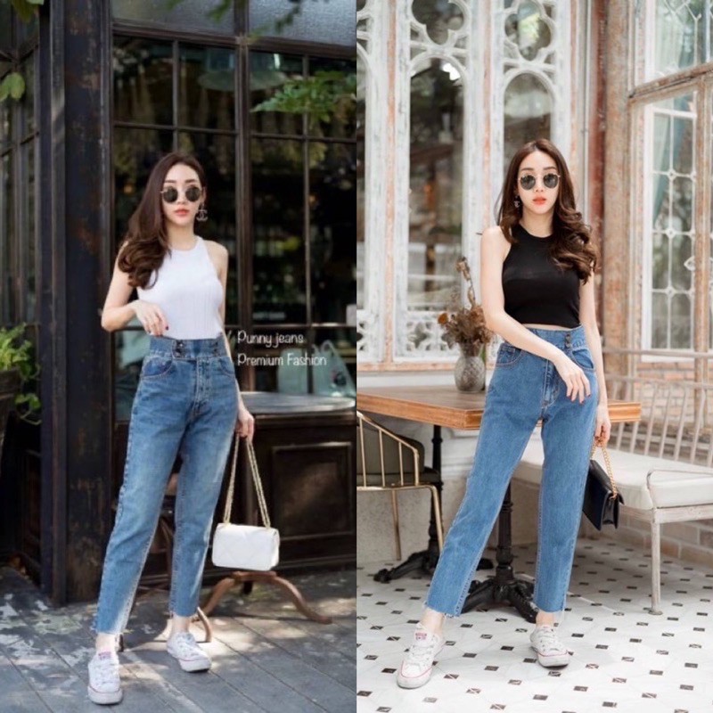 🛍🛒กางเกงยีนส์แบรนpunnyทรงขากระบอกเล็กหรือทรงบอยเอวสูงกระดุม4เม็ดสุดสวยเก๋ไก๋มากๆเเนวขาตัดปล่อยยีนสีโ
