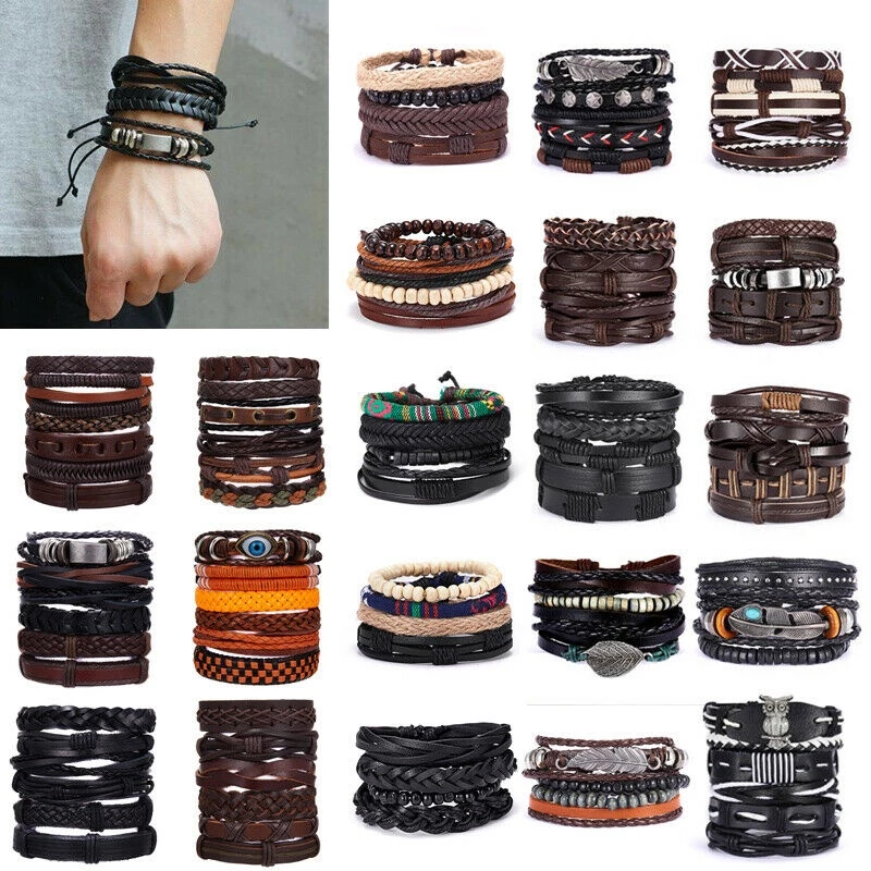 1/3/4/5/6 ชิ้น 1 ชุด รวมกัน สร้อยข้อมือ ผู้ชาย พังก์ หนัง ลูกปัด ใบไม้ ถัก สายรัดข้อมือ กําไลข้อมือ สร้อย ขายส่ง