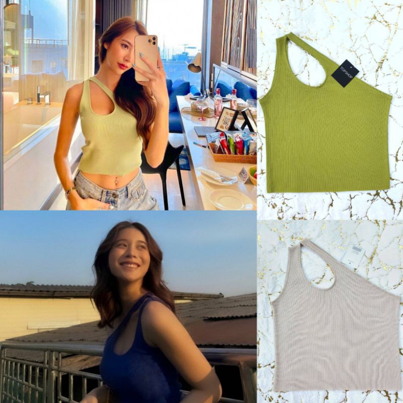 TOPSHOP - New In - ครอปเว้าอก ไหล่เบี่ยงเเขนกุด พร้อมส่ง น่ารัก ปังปุริเย่