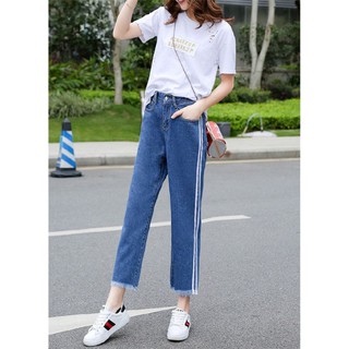 Kaykai_Shop กางเกงขายาวผู้หญิงมีไซส์ใหญ่กางเกงยีนส์ทรงบอยเอวสม๊อคทรงขากระบอกเล็ก G-8003