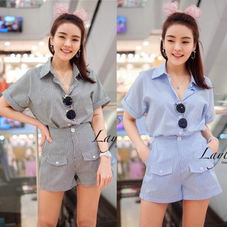 พร้อมส่ง Layla ชุดเซตเสื้อกางเกงขาสั้นลาย stripe ลุคสบายตา มินิมอลเก๋ๆ เสื้อเชิ้ตทรงปีค้างคาวแขนทบ