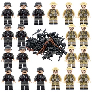 WWII GERMAN v BRITISH Soldiers + Weapons Mini Figures WW2 Military Set Fit Lego