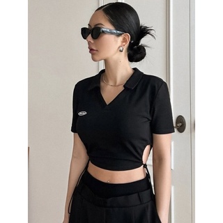 พร้อมส่ง 🖤 เสื้อครอปเว้าเอว มีเชือกด้านข้าง รูดได้ตามแบบ ใส่ละเกาหลีสุดไรสุด