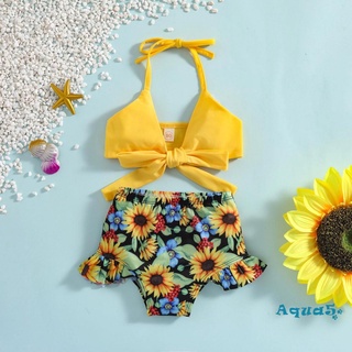 Aqq- เสื้อบิกินี่ สายคล้องคอ และกางเกงขาสั้น ลายดอกทานตะวัน …