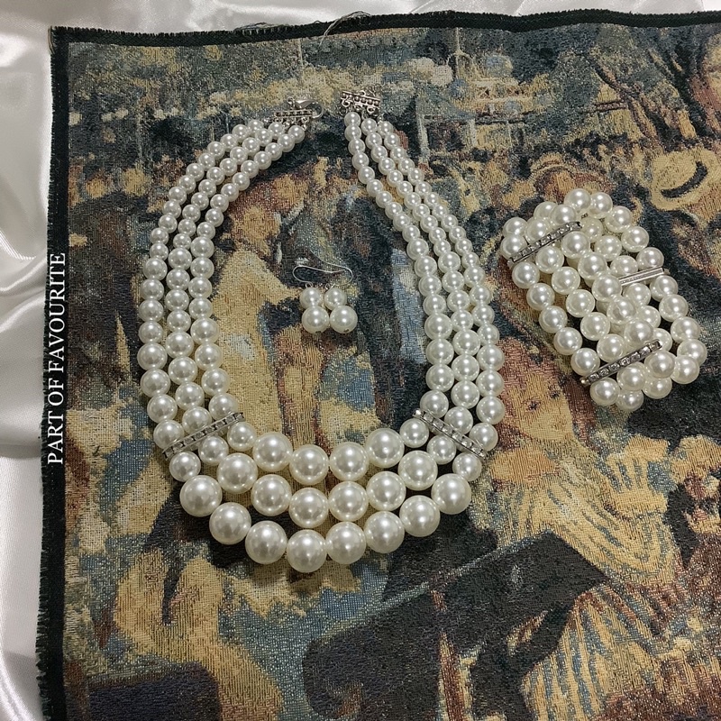 สร้อยมุก ต่างหูมุก ลูกปัดมุก เซตมุก 3 ชั้น คั่นอะไหล่