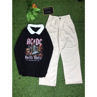เสื้อโปโลคอปก แขนยาว ลายสกรีนวินเทจ กางเกงทรงลุงขายาว 💯❗