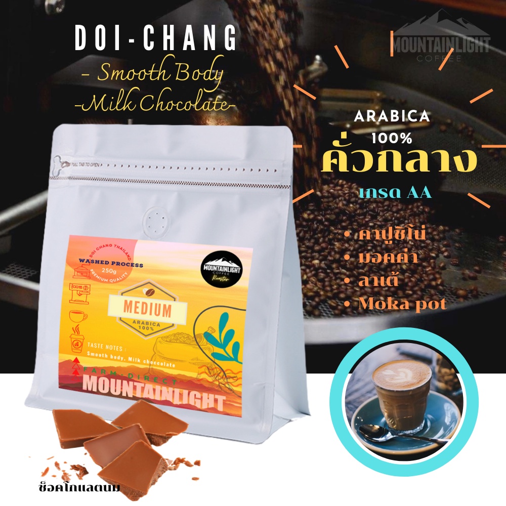 กาแฟคั่วกลาง หอมกลมกล่อมที่สุด  กลิ่นหอมละมุน กาแฟจากเกษตรกรดอยช้าง แท้100% เกรดAA บดฟรี!! 🔥ที่คั่วส