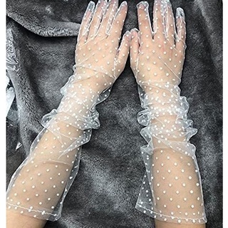 ถุงมือยาว ผ้าเชียร์ ลายจุด แต่งลูกไม้ สีดํา สีเบจ แฟชั่นหรูหรา สําหรับผู้หญิง เจ้าสาว