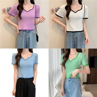 สินค้าพร้อมส่ง เสื้อยืดเอวลอยคอเหลี่ยมสีพื้นDMN27