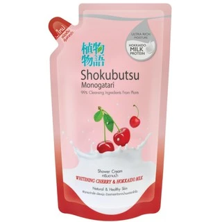 [ 3 ชิ้น ] SHOKUBUTSU ครีมอาบน้ำ โชกุบุสซึ สูตร Whitening Cherry and Hokkaido Milk (แดง) ชนิดถุงเติม 500 มล.