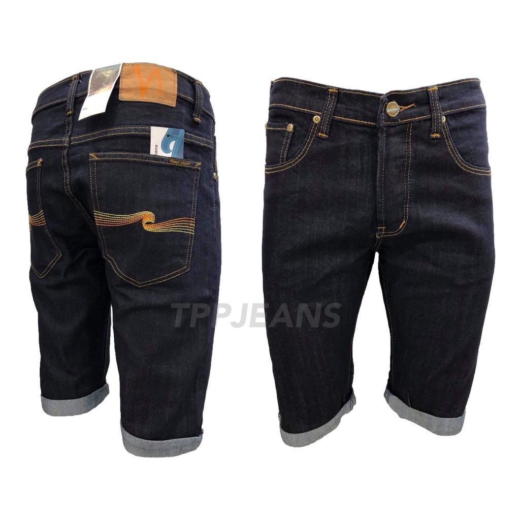 JEANSEXPRESS Men's Shorts กางเกงยีนส์ขาสั้นสามส่วนชาย สียีนส์กรมเข้ม ผ้ายืดสวมใส่สบายปักด้ายรุ้ง Size 28-36