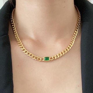 imean.store - Curb emerald 18k gold necklace | สร้อยคอสีทองพร้อมจี้พลอยเทียม มี 2 สี