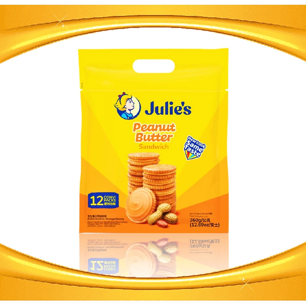 ๋ีJulie's peanut butter sandwich biscuits ขนม ขนมปังกรอบสอดไส้ครีม เนยถั่ว ตรา จูลี่ส์ (Julie's Brand) ขนาด 360 กรัม