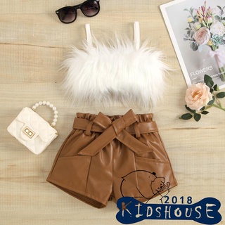 KHH-2 Pcs Toddler Solid Color Outfits, Girls Cropped Fluffy Fur Camisole + Belted Leather Shorts