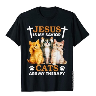 เสื้อยืด พิมพ์ลาย Jesus Is My Savior Cats Are My Therapy Christian เข้ากับทุกการแต่งกาย สไตล์ฮิปฮอป