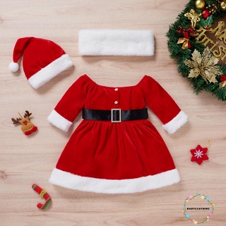 BBCQ-Girls Christmas Flannel Clothes Set, Contrast Color Long Sleeve Square Collar Dress+Hat with Ball+Scarf