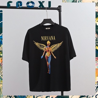 เสื้อยืดผ้าฝ้ายพิมพ์ลายขายดีเสื้อยืดแขนสั้น ผ้าฝ้าย พิมพ์ลาย Nirvana ขนาดใหญ่ สไตล์ฮิปฮอป วินเทจ สําหรับผู้ชาย และผู้หญิ