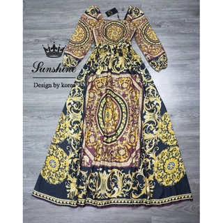 Sale💯💥Lady sunshine ❤️4xl ขนาดเท่า 3xl❤️ เดรส แขนยาว ลายไฮโซ มีเข็มขัดให้ ลายสวยมาก เดรส สาวอวบ