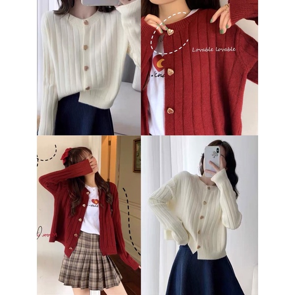 CHERISH (พร้อมส่ง-ส่งด่วน) A32 เสื้อคลุม ครอปแขนยาว กระดุมหัวใจ สีแดง ตรุษจีน วาเลนไทน์ กันหนาว เกาหลี Women Cardigan