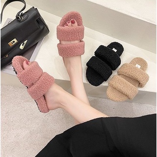 OhblablaShoes  พร้อมส่ง รองเท้าแตะ ขนปุกปุย น่ารัก  คาด2เส้น  สี กากี , ชมพู