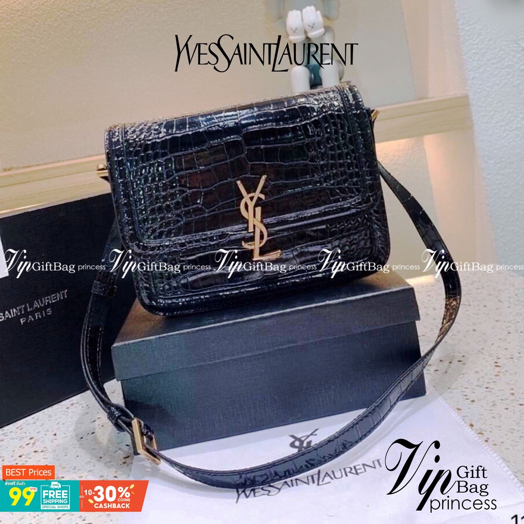 YSL Yves Saint Laurent Black Croc Embossed Leather Satchel Shoulder Bag กระเป๋าสะพายทรงกล่องหนังลายจ