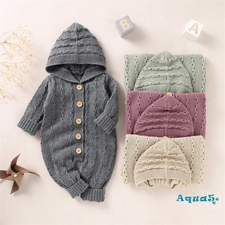 Aqq- ชุดจั๊มสูทรอมเปอร์แขนยาวผ้าถักมีฮู้ดสีพื้นกับกระดุมสําหรับเด็ก 0-18 เดือน