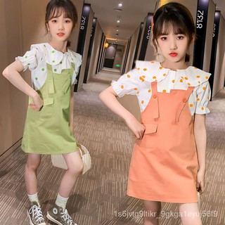 👧👧💋💋เดรสสายเดี่ยว เสื้อเชิ้ตลายจุด+เดรส (เขียว/ส้ม) 2 ชิ้น เดรสแฟชั่นแขนสั้นสไตล์เกาหลี