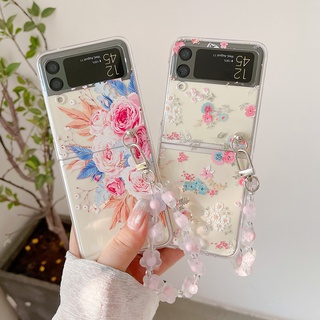 เคสโทรศัพท์มือถือแบบแข็ง ใส กันกระแทก ลายดอกเดซี่ พร้อมสายคล้องมือ สําหรับ Samsung Galaxy Z Flip 4 Z Flip 3 Z Flip Second Z Flip 2 ZFlip4