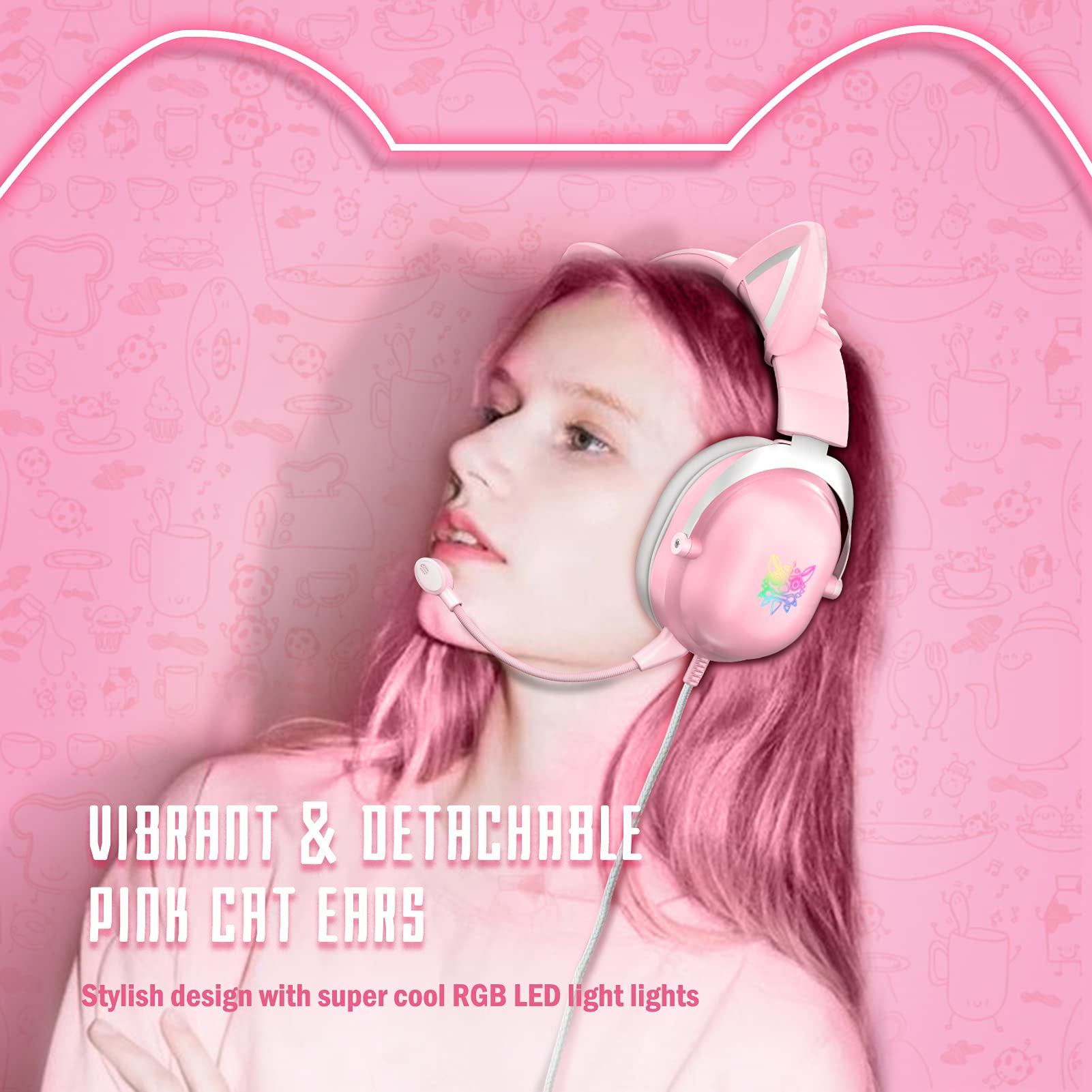 ONIKUMA X11 Pink Gaming Headset with Removable Cat Ears, for PS5, PS4 ...