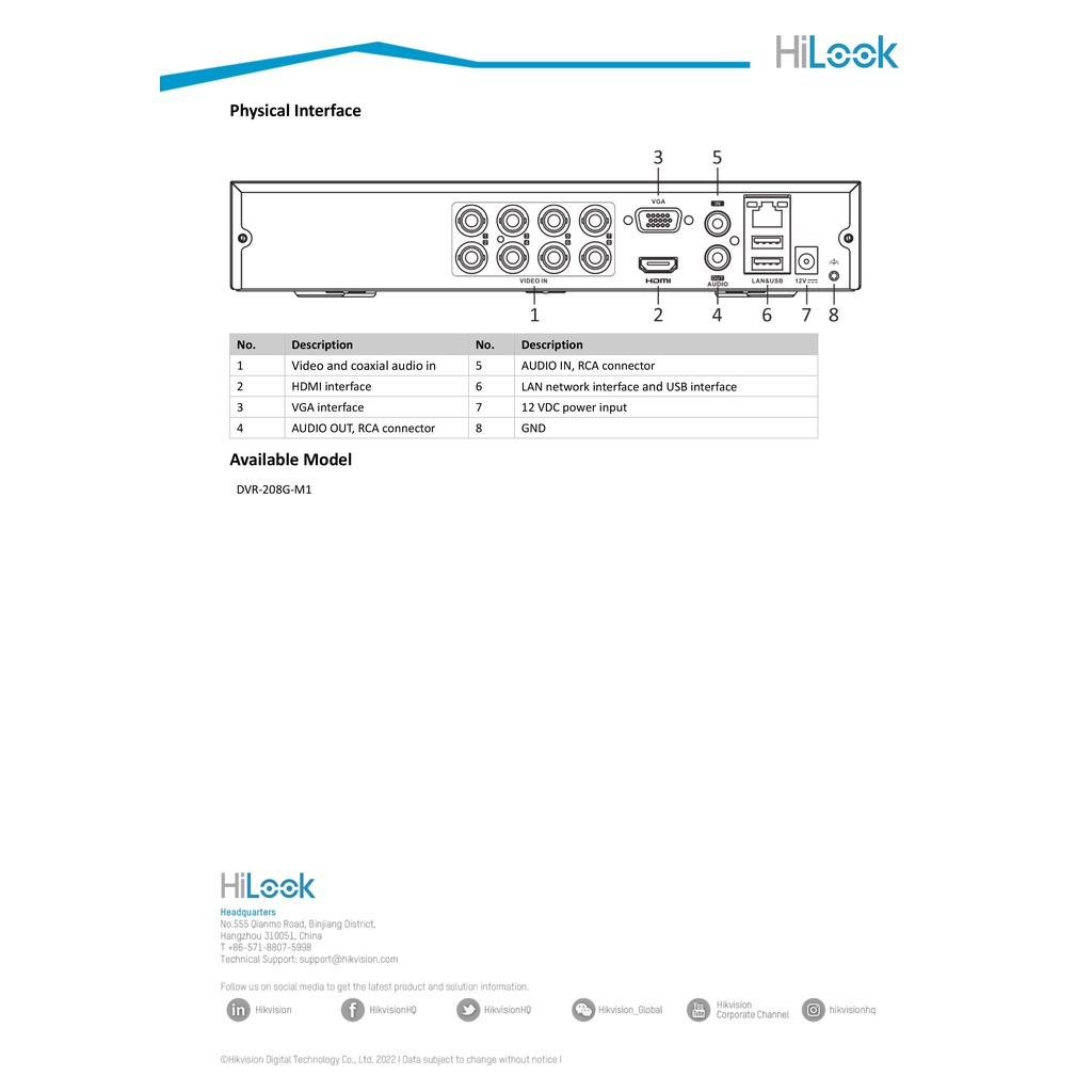HiLook เครื่องบันทึกกล้องวงจรปิด 8 CH รุ่น DVR-208G-M1(C) รองรับกล้องมีไมโครโฟนในตัวได้ รุ่นใหม่ของ DVR-208G-F1(S)